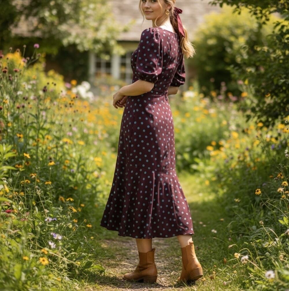Bobeau Brown Polkadot Midi Dress MEDIUM Cottage Business Casual Biascut Work $88